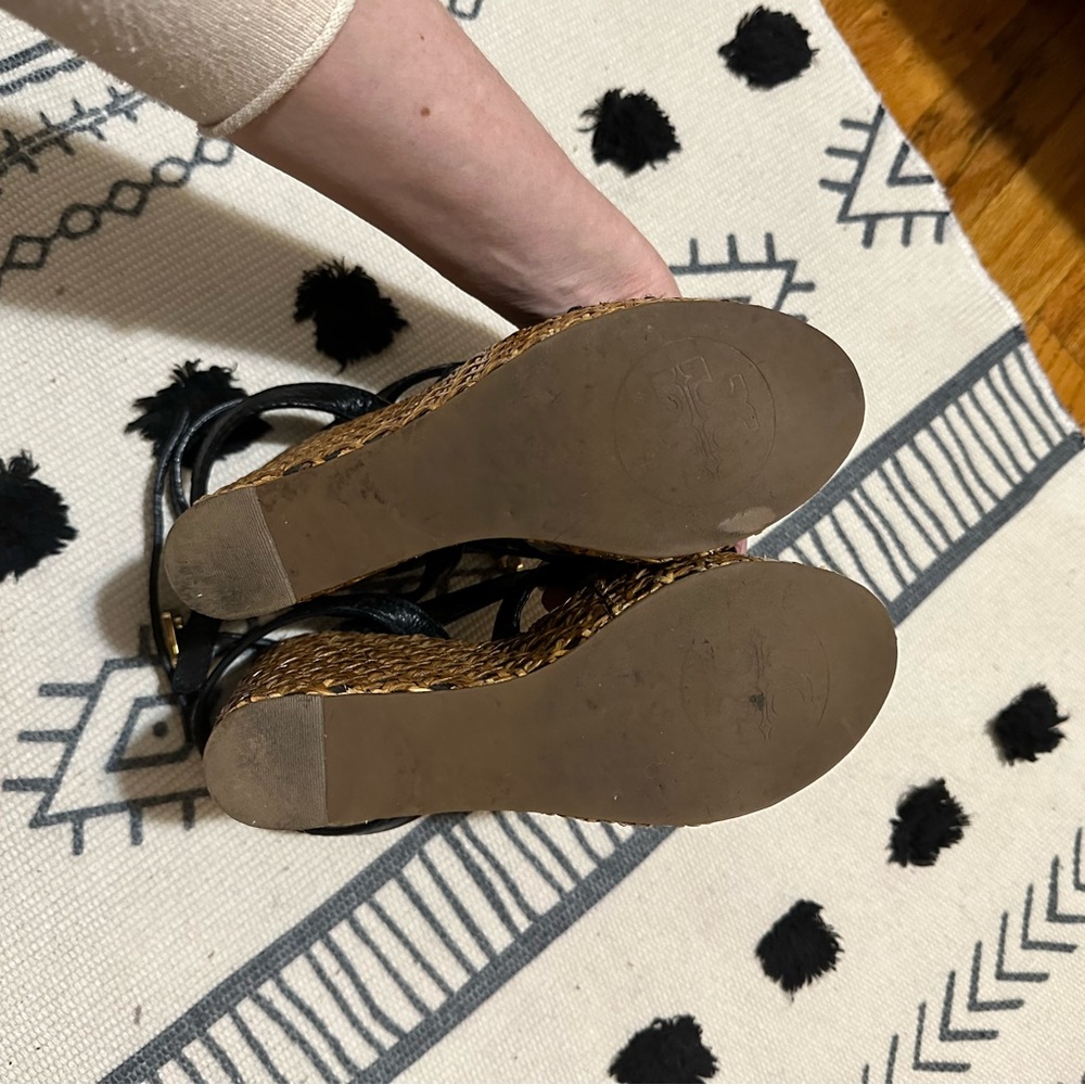 🥐 Tory Burch Dalcin Wicker Platform BOHO Leather Strappy Wedge Espadrilles - Picture 12 of 14